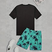 billiga T-shirts med tryck för män-Herr Palmträd 2st T-shirts uppsättningar Summer Tops Kortärmad Korta byxor Rund hals Ledigt Tillflykt Ledigt Utekväll Semesterkläder 3D-utskrift Sommar Blå Rodnande Rosa Grön