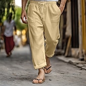 cheap Holiday-Men&#039;s Linen Pants Trousers Summer Pants Beach Pants Pocket Drawstring Elastic Waist Plain Comfort Breathable Vacation Daily Holiday Hawaiian Boho Dark Brown Lake blue