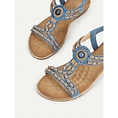 cheap Vacation Sandals-Women&#039;s Bohemian Beaded Elastic Slingback Sandals – Blue and Copper Flat Summer Shoes for Walking , Vacation and Beach