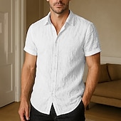 cheap Home-Men&#039;s Cotton Linen Shirt Plain Vacation Daily Wear White Dark Navy Blue Beige Short Sleeve Lapel Spring &amp; Summer Clothing Apparel