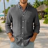 preiswerte Urlaub-Herren Baumwoll-Leinen-Hemd Einfarbig Urlaub Schwarz Weiß Rosa Dunkelmarine Langarm Revers Bekleidung Button-Down