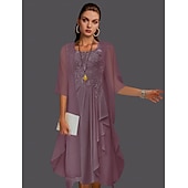 abordables Avec veste-Robe à deux pièces A-ligne pour la mère de la mariée à la plage invitée de mariage élégant col arrondi longueur genou chiffon dentelle sans manches vestes avec plis et appliqués 2025 taille