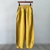 baratos Calça de linho de algodão simples-Mulheres Calças de linho de algodão Calças Roupa de rua Casual Comprimento total Natural Tecido Bolsos Cintura elástica Confortável Rua Para Noite Adamascado Preto Branco Amarelo Verão Normal