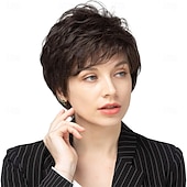 economico parrucca più vecchia-Parrucche corte castane per donne in fibra di memoria sana, taglio pixie, capelli naturali per uso quotidiano