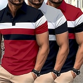 billiga Klassisk pikétröja för män-Multipack 3 par Herr Kavajslag Kort ärm Grå + röd + blå Knapp upp Polos Golftröja Golf pikétröjor Lappverk Färgblock Semester Dagliga kläder Polyester Sommar
