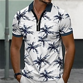 cheap Men&#039;s Hawaiian Polo-Men&#039;s Palm Tree Hawaiian Polo Shirts Golf Shirt Short Sleeve Polo Shirts Collared Shirts Casual Beach Wear Vacation Wear Tropical Wear Party Outfits 3D Print Quarter Zip Polo Summer Dark Navy Green