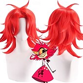 levne Anime paruky-hazbin hotelová syntetická paruka nifiti volná kudrna kudrnatá vazba vrstvený střih asymetrická paruka 16 palců a1 syntetické vlasy dámské cool klasika pohodlná červená