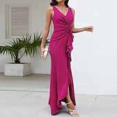 voordelige Feestjurken-Dames Halflange jurk Feestjurk Cocktail jurk Bruiloft gast jurk Elegant Modieus Bruiloft Feest Speciale gelegenheden  Normale pasvorm Effen Mouwloos V-hals Zwart Wijn Rood Marineblauw Zomer