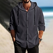 cheap Men&#039;s Casual Shirts-Men&#039;s Shirt Summer Shirt Casual Shirt Beach Shirt Button Up Shirt Black White Dark Navy Brown khaki Long Sleeve Plain Hooded Holiday Casual Daily Button-Down Clothing Apparel Polyester Fashion Casual
