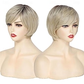 cheap Older Wigs-Ombre Blonde Wig Pixie Wig with Bangs for Daily Use or Cosplay Natural Straight Layered Synthetic Hair Short Wigs for Women Ladies