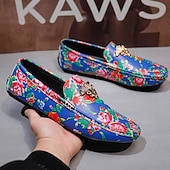 preiswerte Herrenpantoletten &amp; -slipper-Blaue Slipper für Herren mit Blumenmuster und Löwenkopf-Dekoration, stylische Mokassins, ideal für Freizeitausflüge, als Freizeitkleidung und für erholsame Ferien