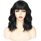 baratos Perucas Sintéticas sem Touca-perucas para mulheres peruca preta curta ondulada com franja peruca bob cacheada comprimento dos ombros perucas femininas perucas de fibra sintética resistente ao calor para uso diário em festas