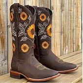 tanie Kowboj i zachodnie buty-damskie kowbojskie buty w stylu western z haftem słonecznika – vintage&#039;owe buty festiwalowe ze sztucznej skóry z paskiem na festiwale muzyczne i do noszenia na co dzień
