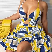 abordables Robes fleuries décontractées-Femmes Mini Robe Robe à Volants Robe Fleurie Robe Imprimée Mode Extérieur Vacances Sortir Coupe régulière Fleur Sans manches Col Halter Jaune Rose Claire Rouge Vert Été