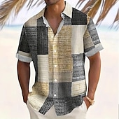 cheap Geometric Pattern-Men&#039;s Geometric Color Block Patchwork Shirt Casual Shirt Button Up Shirt Short Sleeve Fashion Casual Vacation Dailywear Holiday Summer Spring Turndown 3D Print Collared Shirts Front One Pocket Blue