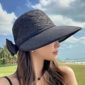 baratos Chapéus-chapéu de sol respirável feminino com laço, chapéu de palha com design oco, boné de verão dobrável com proteção UV