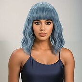 cheap Synthetic Trendy Wigs-Synthetic Wig Wavy Water Wave Layered Haircut Neat Bang Machine Made Wig 12 inch A1 Synthetic Hair Women&#039;s Classic Adorable Comfortable Blue