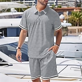 cheap Vacation-Men&#039;s Golf Shirt Golf Polos Shirts Work Casual Lapel Short Sleeve Basic Modern Color Block Patchwork 2 Piece Summer Regular Fit Black White Navy Blue Dark Green Khaki Light Grey Golf Shirt