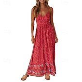 abordables Robes Bohémiennes-Femmes Robe Midi Robe Fleurie Robe Nuisette Robe Imprimée Classique Moderne Vacances Quotidien Sortir Coupe régulière Fleur Sans manches Bretelles spaghetti Jaune clair Noir Rouge Été