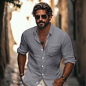 economico Strada-Per uomo Camicia Camicia di lino Camicia Estiva Camicia da Spiaggia Camicia con Bottoni Camicie sbottonate Semplice All&#039;aperto Streetwear Nero Bianco Azzurro cielo Cachi Manica Lunga Collo ripiegato