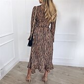 levne Šaty-Dámské Midi šaty Bavlněné plátěné šaty Klasické Moderní Venkovní Dovolená Jdeme ven Běžný Leopard Dlouhý rukáv Do V Bílá Khaki Šedá Léto