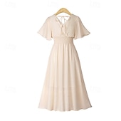 voordelige Chiffon Jurken-Dames Halflange jurk Cocktail jurk Bruiloft gast jurk Chiffon jurk Modieus Modern Vakantie Teaparty Weekend Normale pasvorm Effen Korte mouw V-hals Zwart Wit Blozend Roze Abrikoos Zomer