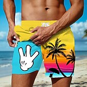 billiga Tropiska växter och blommor-Herr Kokosnötsträd Tecknad handtryck Fodrade shorts 2 i 1 simshorts Badshorts Medium Midja Hawaiisk Helgdag Standkläder Sidfickor Med kompressionsfoder Elastisk dragsko i midjan Designer Kläder