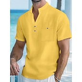 preiswerte Urlaub-Herren leinenhemd Popover-Hemd Freizeithemd Knopfhemd Einfach Urlaub Straße Weiß Gelb Rosa Aprikose Kurzarm Stehkragen Frühling &amp; Sommer Bekleidung Tasche