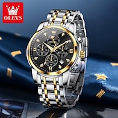 baratos Relógios Quartz-OLEVS 3655 Relógio Clássico Fase da Lua Mostrador Três Olhos Masculino Relógio de Aço Inoxidável para Masculino Fivela Borboleta à Prova d&#039;Água Relógio de Quartzo