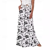 economico gamba larga e vita alta-Per donna Culotte Gamba Larga Pantaloni Eleganti Pantaloni Casual Boho Lunghezza intera Naturale Fiore Tasca Elastico in vita Stampa Comodo All&#039;aperto Ferie Casual Quotidiano Weekend Magenta Bianco