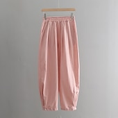 baratos Calça de linho de algodão simples-Mulheres Calças de linho de algodão Calças Roupa de rua Casual Comprimento total Natural Tecido Bolsos Cintura elástica Confortável Rua Para Noite Adamascado Preto Branco Amarelo Verão Normal