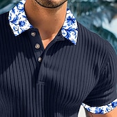 お買い得  メンズクラシックポロ-男性用 リブニットトップス テクスチャード加工 ワーク カジュアル ラペル リブ付きポロカラー 半袖 ベーシック 近代の カラーブロック ボタン ニット 夏 春夏 スリムフィット ホワイト ネイビーブルー ライトブルー グレー リブニットトップス