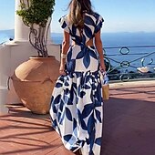 abordables Robes fleuries décontractées-Femmes Robe Longue Maxi Robe Robe de Soirée Robe Imprimée Mode Soirée Fête du thé Sortir Coupe régulière Fleur Manche Courte Col en V Bleu Été