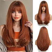 economico Parrucche trendy sintetiche-Parrucche lunghe e lisce in rame per donne, parrucche sintetiche naturali con effetto ombré e frangia per l&#039;uso quotidiano alle feste