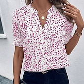 billige Kvinnenes Kunst &amp; Design Topper-Kvinners Bluse Grafisk Prikkete Elegant Casual Korte Ermer V-Hals Vanlige Topper Daglig Ferie Svart Gul Rosa Blå Beige Sommer