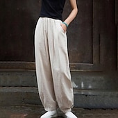 abordables Pantalón liso de lino y algodón-Mujer Pantalones de lino y algodón pantalones Ropa de calle Casual Longitud total Cintura Media Plano Bolsillo Cintura elástica Confortable Cómodo Diario Fin de semana Albaricoque Negro Azul Marino