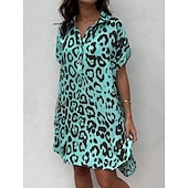 tanie Damskie topy z grafiką-Damskie Sukienka mini Sukienka koszulowa Codzienne sukienki Letnie sukienki Moda Nowoczesny Codzienny Weekend Regularny Kwiaty Kształt listka Długi rękaw Kołnierzyk koszuli Czarny Biały Niebieski