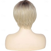 cheap Older Wigs-Ombre Blonde Wig Pixie Wig with Bangs for Daily Use or Cosplay Natural Straight Layered Synthetic Hair Short Wigs for Women Ladies
