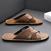 billige Ferietøfler-brune sandaler i imitert skinn med kryssrem – uformelle slip-on sandaler med slitesterk såle, perfekt for hverdagskomfort, ferie og utendørseventyr