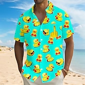preiswerte Vögel &amp; Tiere-Herren Tiermotiv Lustig Ente Hemd Sommer Hawaiihemd Knopfhemd Kurzarm Hawaiianisch Urlaub Ferien Strandbekleidung Sommer Umlegekragen 3D-Druck Eine Tasche vorne Leinenähnliches Hemd Rote Blau Orange