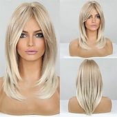 voordelige oudere pruik-blonde pruiken voor vrouwen schouderlang gelaagd haar met donkere wortels synthetische korte pruik met pony voor dagelijks gebruik of cosplay
