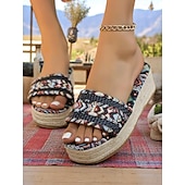 cheap Vacation Sandals-Women&#039;s Bohemian Woven Platform Sandals – Ethnic Print Slip-On Espadrille Wedge Slides for Summer, Beach &amp; Casual Wear