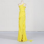 cheap YELLOW-Mermaid / Trumpet Yellow Dresses Ruffle Dress Semi Formal Wedding Guest Dress Asymmetrical Sleeveless One Shoulder with Slit