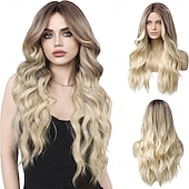 economico Parrucche trendy sintetiche-Parrucche lunghe ondulate da castano a biondo per donne, 27 parrucche lunghe e ricce, parrucca naturale ombré resistente al calore con rete per parrucca, parrucche sintetiche per donne, feste in
