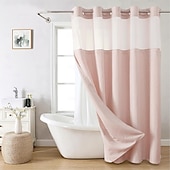economico Tende doccia-Tenda da doccia in lino 180cm senza ganci con set di fodera in tessuto a scatto tende da doccia di lusso per hotel con finestra trasparente impermeabile e lavabile