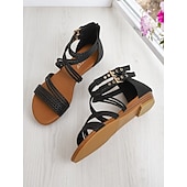 cheap Vacation Sandals-Women&#039;s Beige Gladiator-Style Braided Flat Sandals with Double Buckle Straps – Casual Boho Summer Shoes for Travel, Vacations, and Everyday Outfits