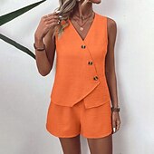 levne Dámské halenky-Dámské Šik ven Denní Halenka Soupravy šortek Bez rukávů Do V Pevná barva Dubbele Rij Knopen Venkovní Dovolená Světle zelená Tmavě námořnická Oranžová Léto Běžný