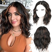 abordables Perruques Synthétiques Sans Bonnet-Perruque courte ondulée à reflets bruns pour femme style bob synthétique résistante à la chaleur - aspect naturel pour une coiffure de tous les jours 14 pouces