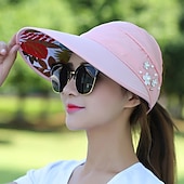 cheap Home Hats-Summer Foldable Sunscreen Hat Wide Brim Women Solid Color Beads Flower Decor Sun Hat Visors Outdoor Sports Cap