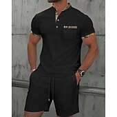 cheap Men&#039;s Tee Sets-Men&#039;s Waffle Shirt T-shirt Suits 2 Pieces Outfits Tee &amp; Shorts Short Sleeve Standing Collar Summer Color Block Fashion Casual 2 Piece Front Pocket Vacation Daily Wear Going out Black White Royal Blue